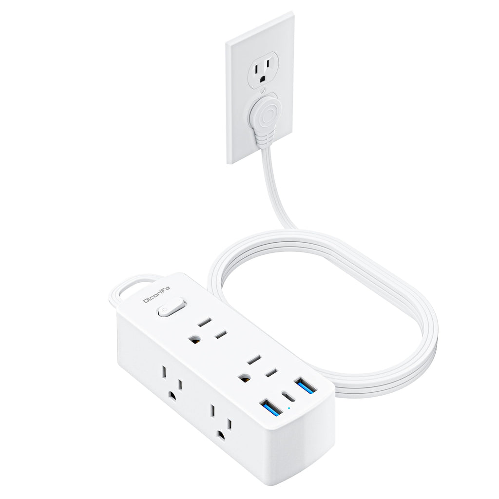 Flat Plug Power Strip with 5 FT Extension Cord, 6 Outlets 3 USB Ports, White H9883