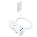 Flat Plug Power Strip with 5 FT Extension Cord, 6 Outlets 3 USB Ports, White H9883