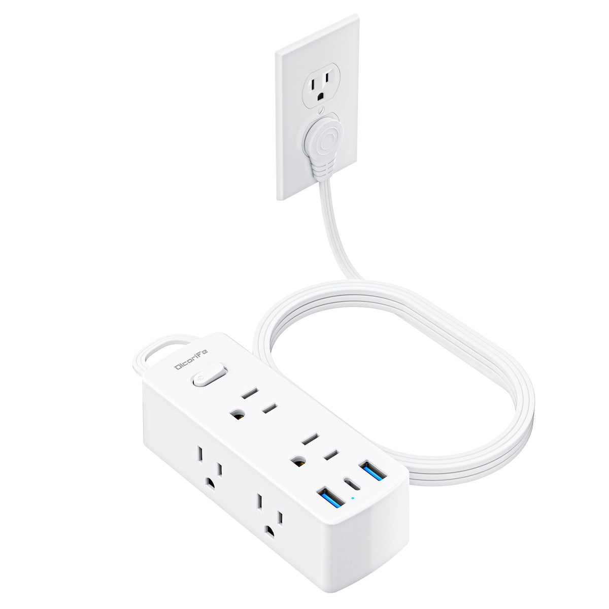 Flat Plug Power Strip with 5 FT Extension Cord, 6 Outlets 3 USB Ports, White H9883