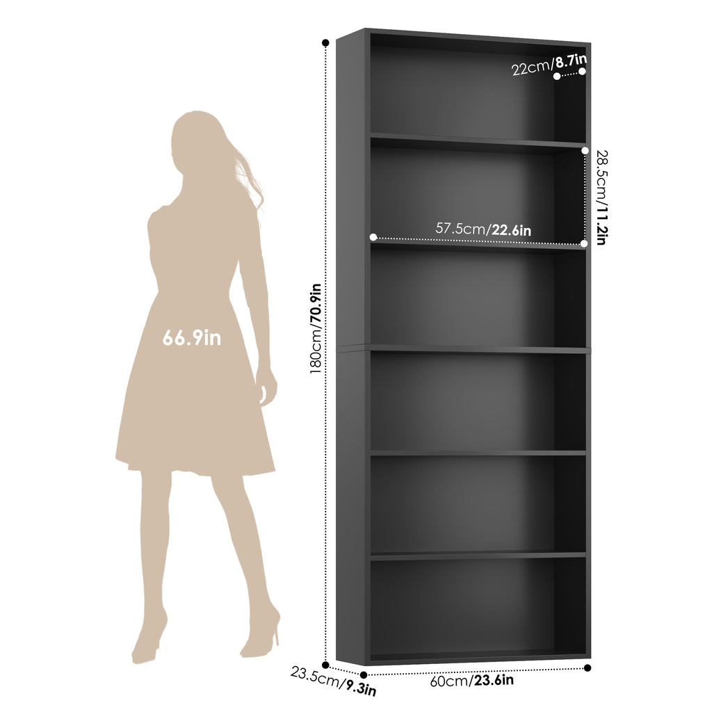 6 Tier Tall Black Bookshelf and Bookcase D7587