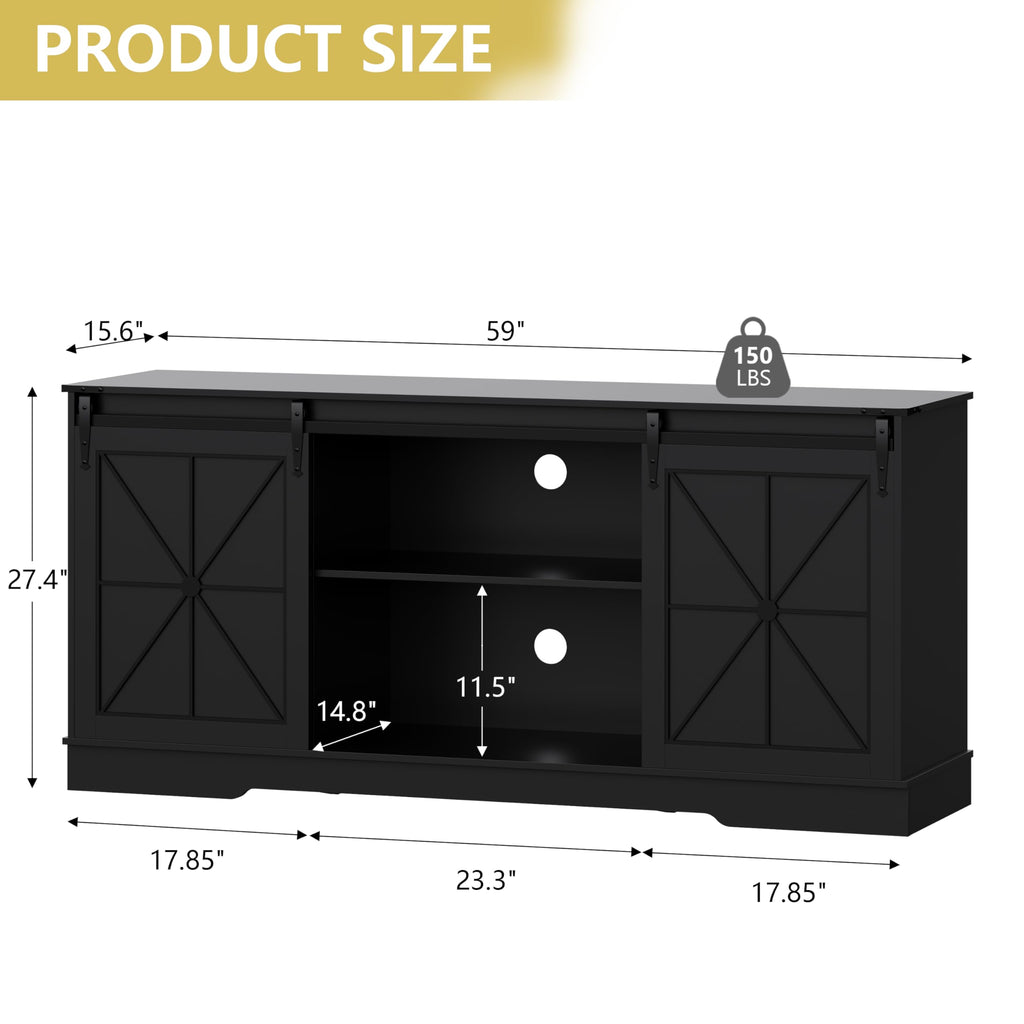 Black Farmhouse TV Stand with Storage Cabinets & Sliding Barn Doors D6263