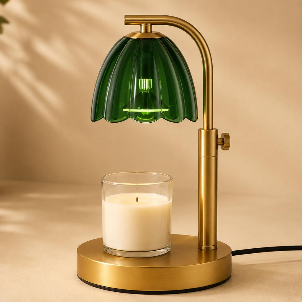 Scalloped Glass Candle Warmer Lamp with Timer, Dimmable, Adjustable Height, Gold Metal, Green T9339
