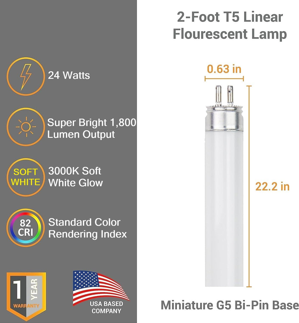 24 Inch T5 Fluorescent Bulb G5 Miniature Bipin Base High Output 1800 Lumens 3000K Soft White 24W Linear Tube Pack of 40 Q31073