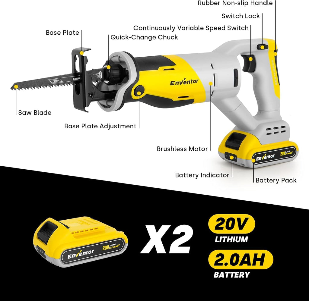 Reciprocating Saw with Brushless Motor, 20V, 2 x 2.0 Ah Batteries X86284