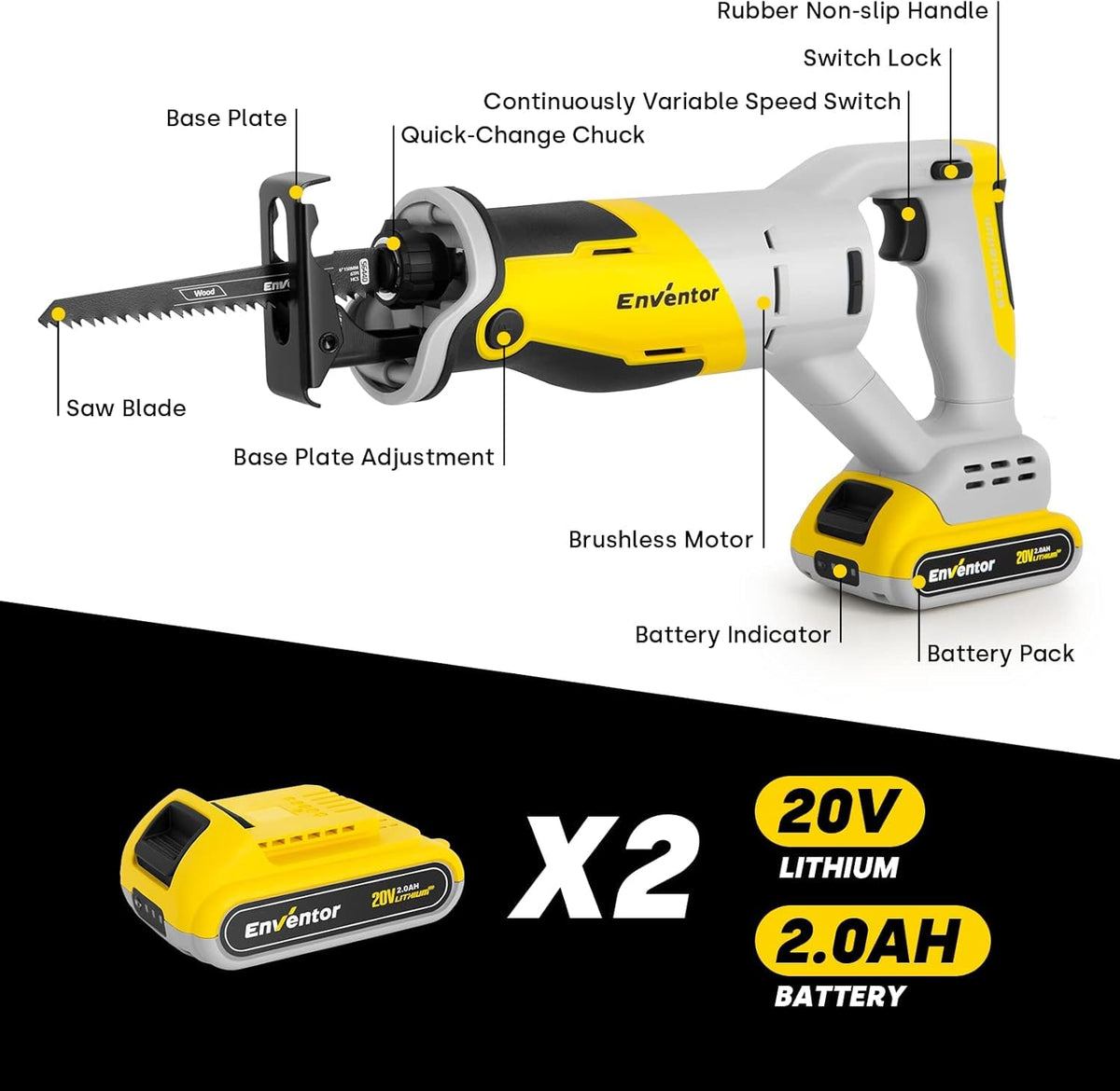 Reciprocating Saw with Brushless Motor, 20V, 2 x 2.0 Ah Batteries X86284