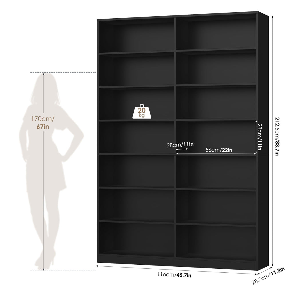 83.7" Tall 7-Tier Double Black Bookshelf and Bookcase A72626