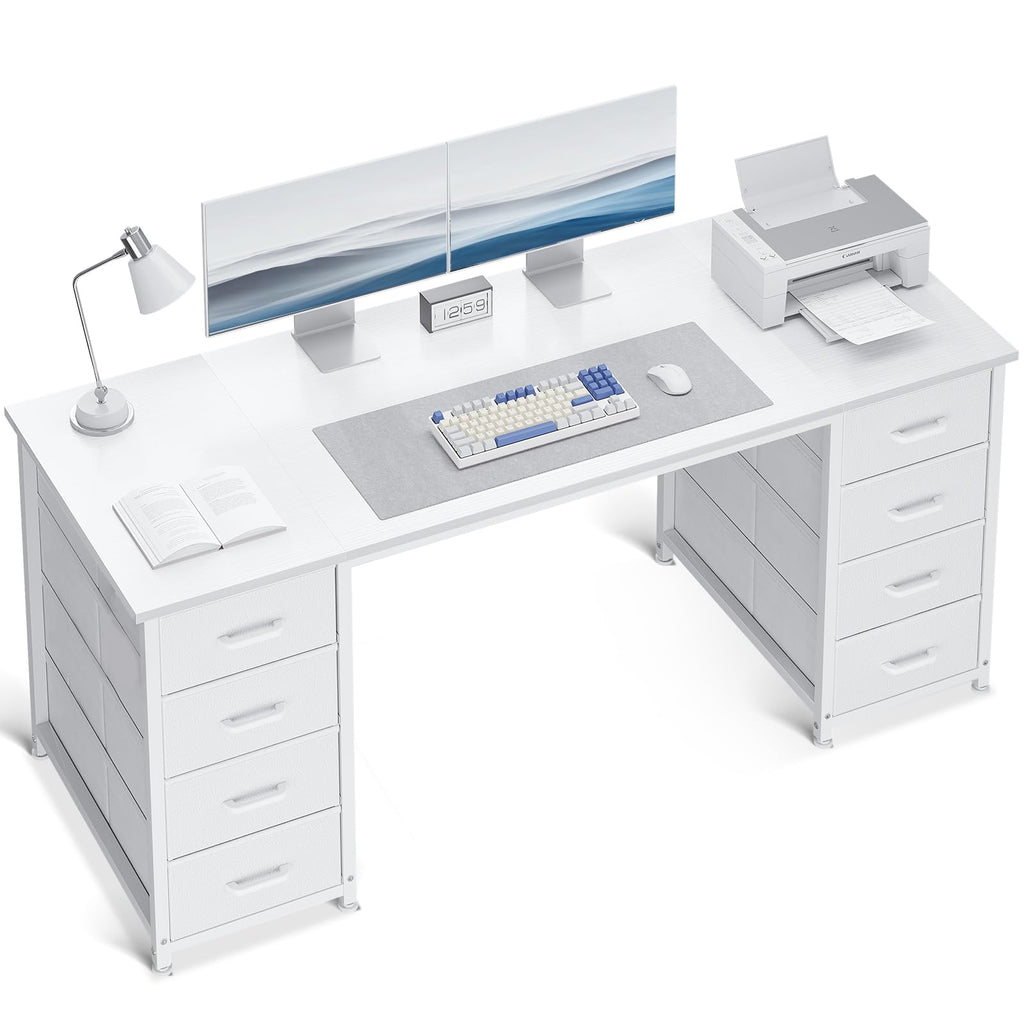 55 Inch Computer Desk with 8 Fabric Drawers White U6312