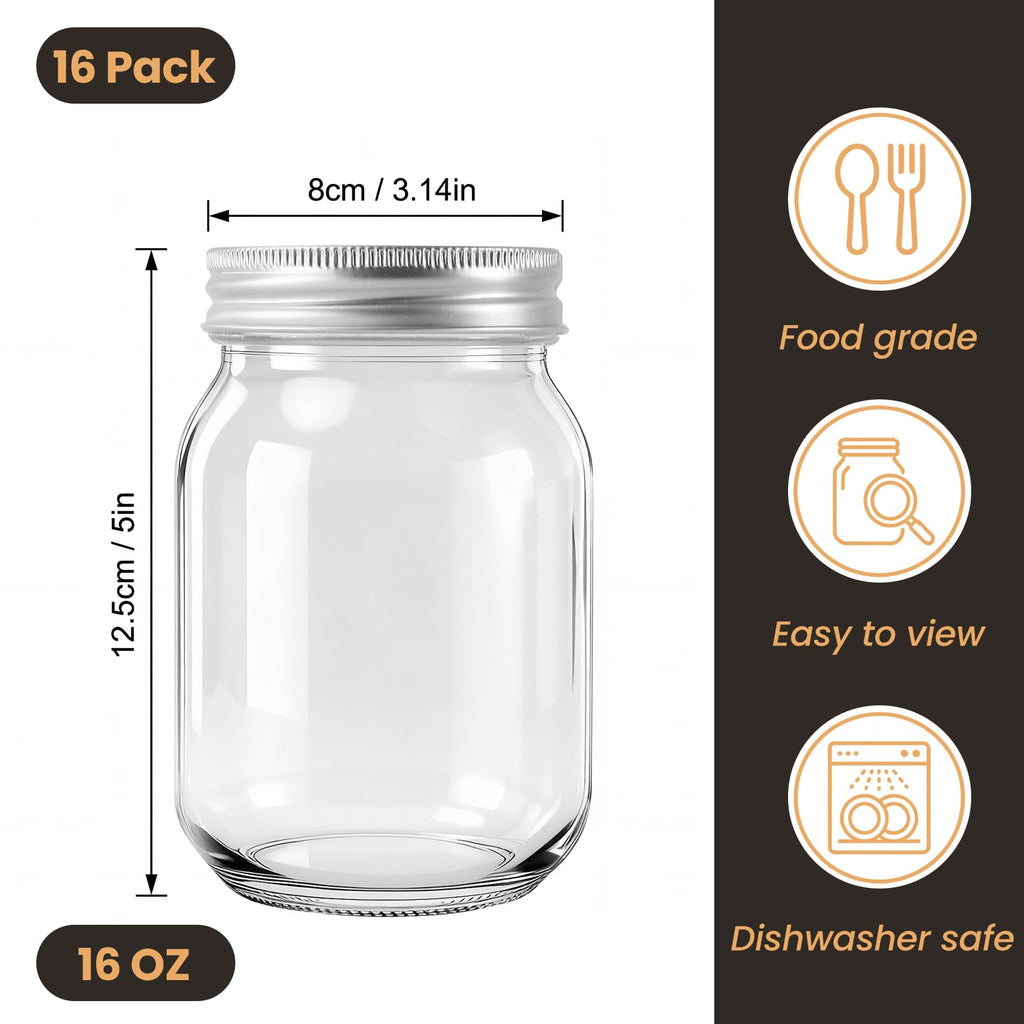 16 Pack 16 Oz Clear Glass Mason Jars R729