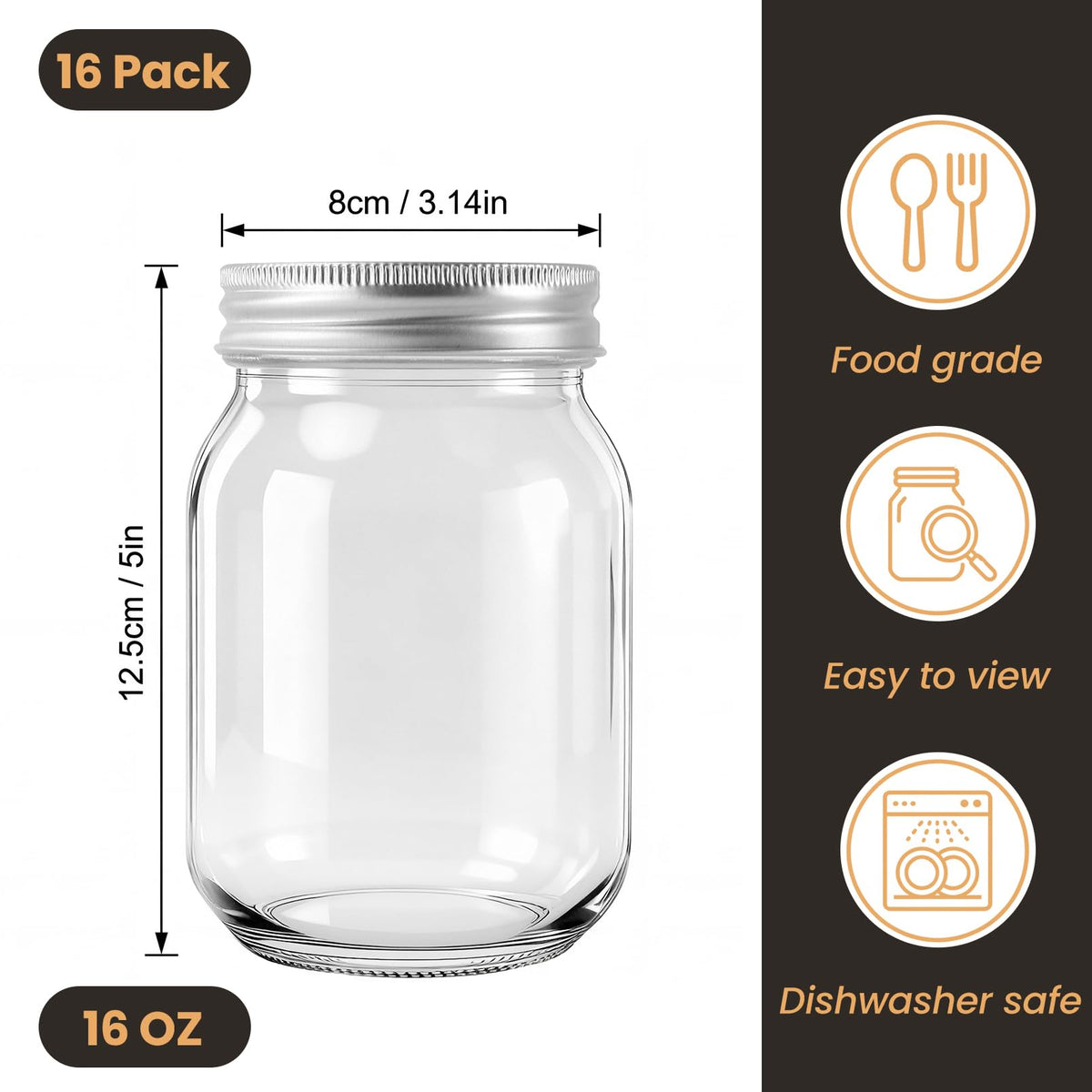 16 Pack 16 Oz Clear Glass Mason Jars R729
