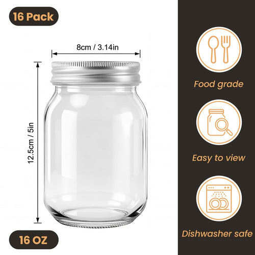 16 Pack 16 Oz Clear Glass Mason Jars R729