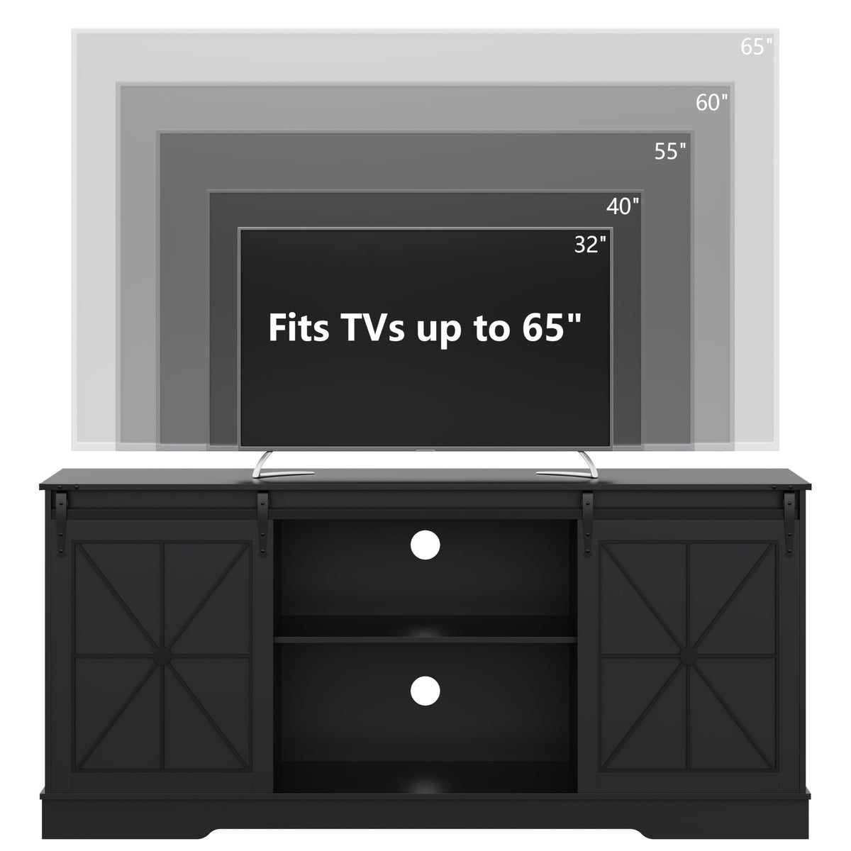 Black Farmhouse TV Stand with Storage Cabinets & Sliding Barn Doors D6263