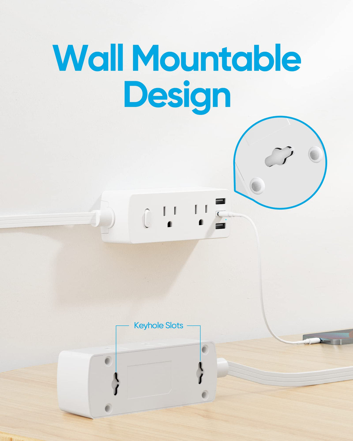 Flat Plug Power Strip with 5 FT Extension Cord, 6 Outlets 3 USB Ports, White H9883