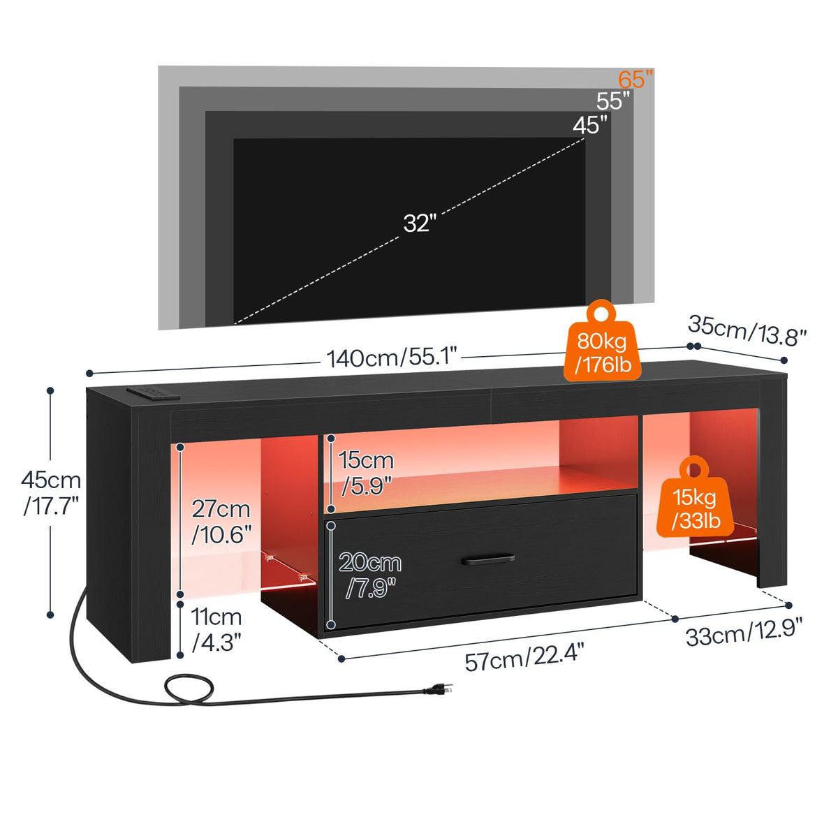 Black Glass Shelf TV Stand with Outlets and Drawer Z281