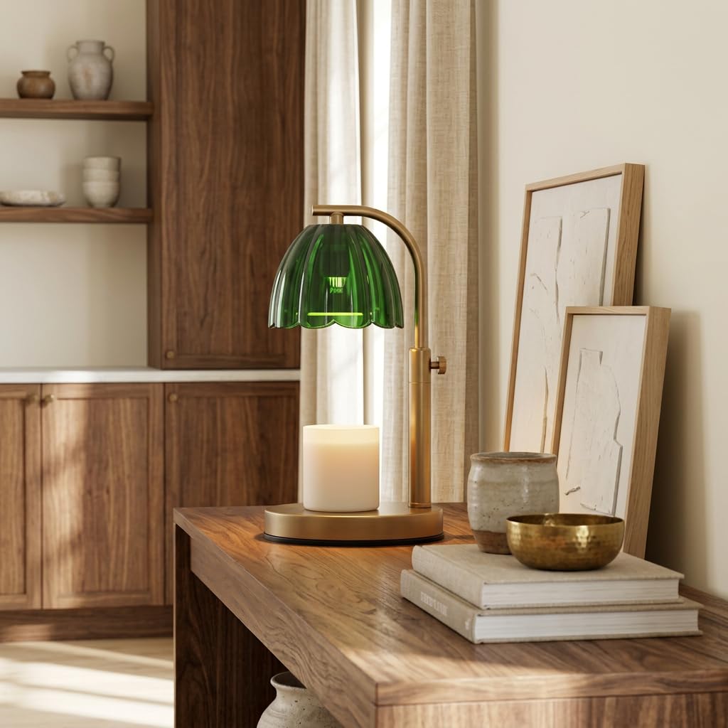Scalloped Glass Candle Warmer Lamp with Timer, Dimmable, Adjustable Height, Gold Metal, Green T9339