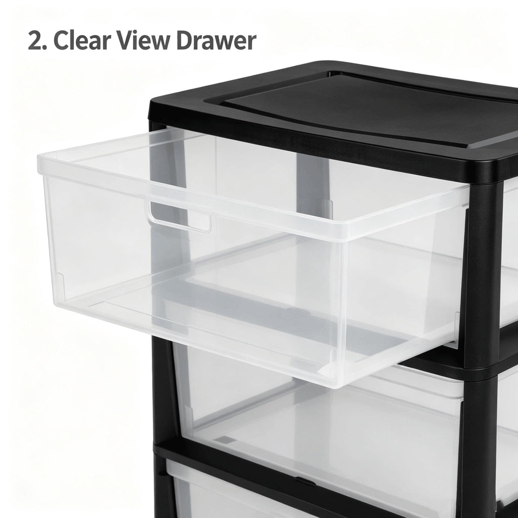 Wide Plastic 3-Drawer Storage Tower with Removable Clear Drawers B495