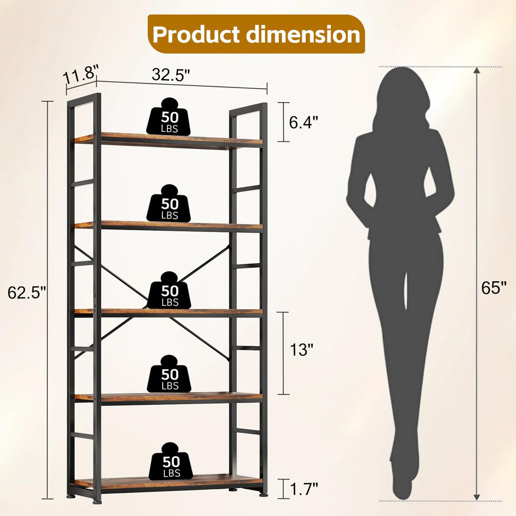 32 Inch 5-Tier Wood Metal Bookshelf B323