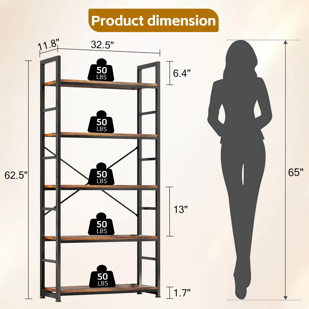 32 Inch 5-Tier Wood Metal Bookshelf B323