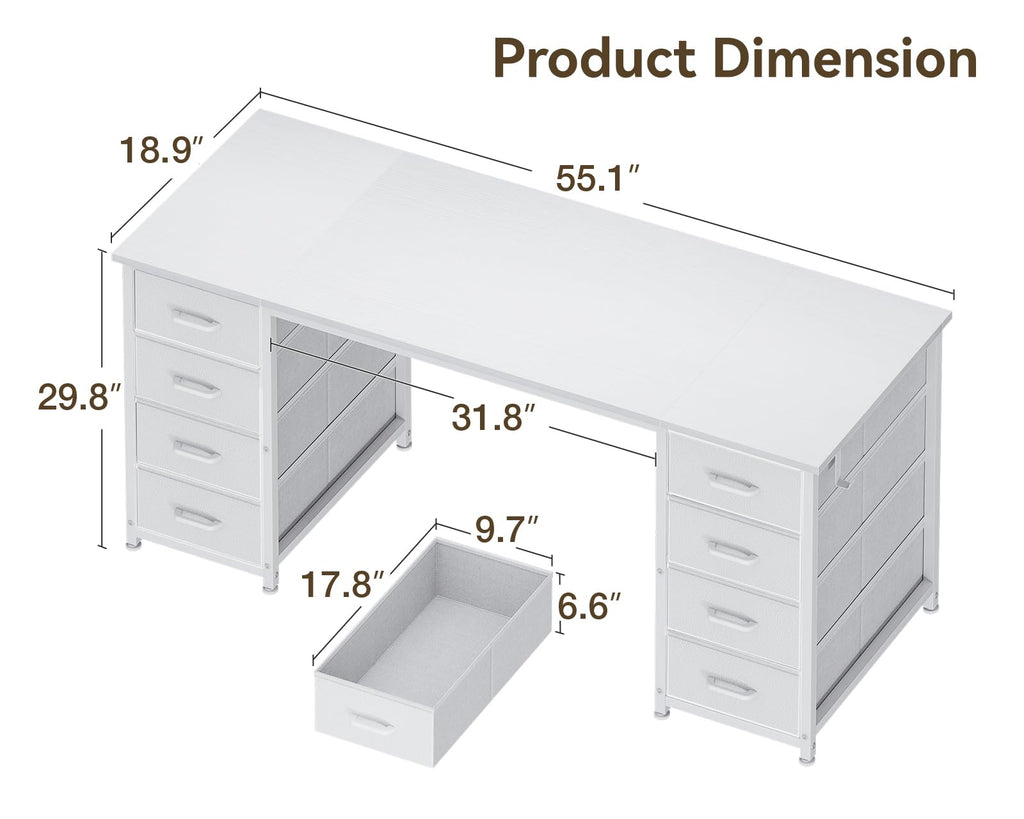 55 Inch Computer Desk with 8 Fabric Drawers White U6312