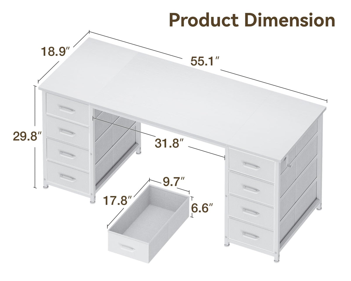 55 Inch Computer Desk with 8 Fabric Drawers White U6312