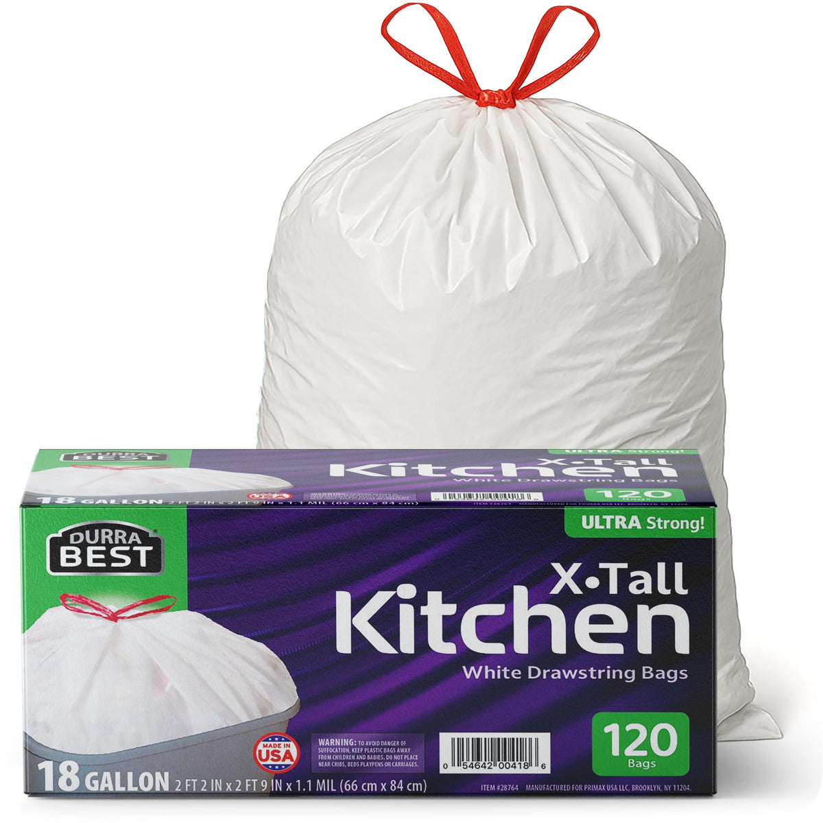 120 Count 18 Gallon White Heavy-Duty Drawstring Trash Bags J835802