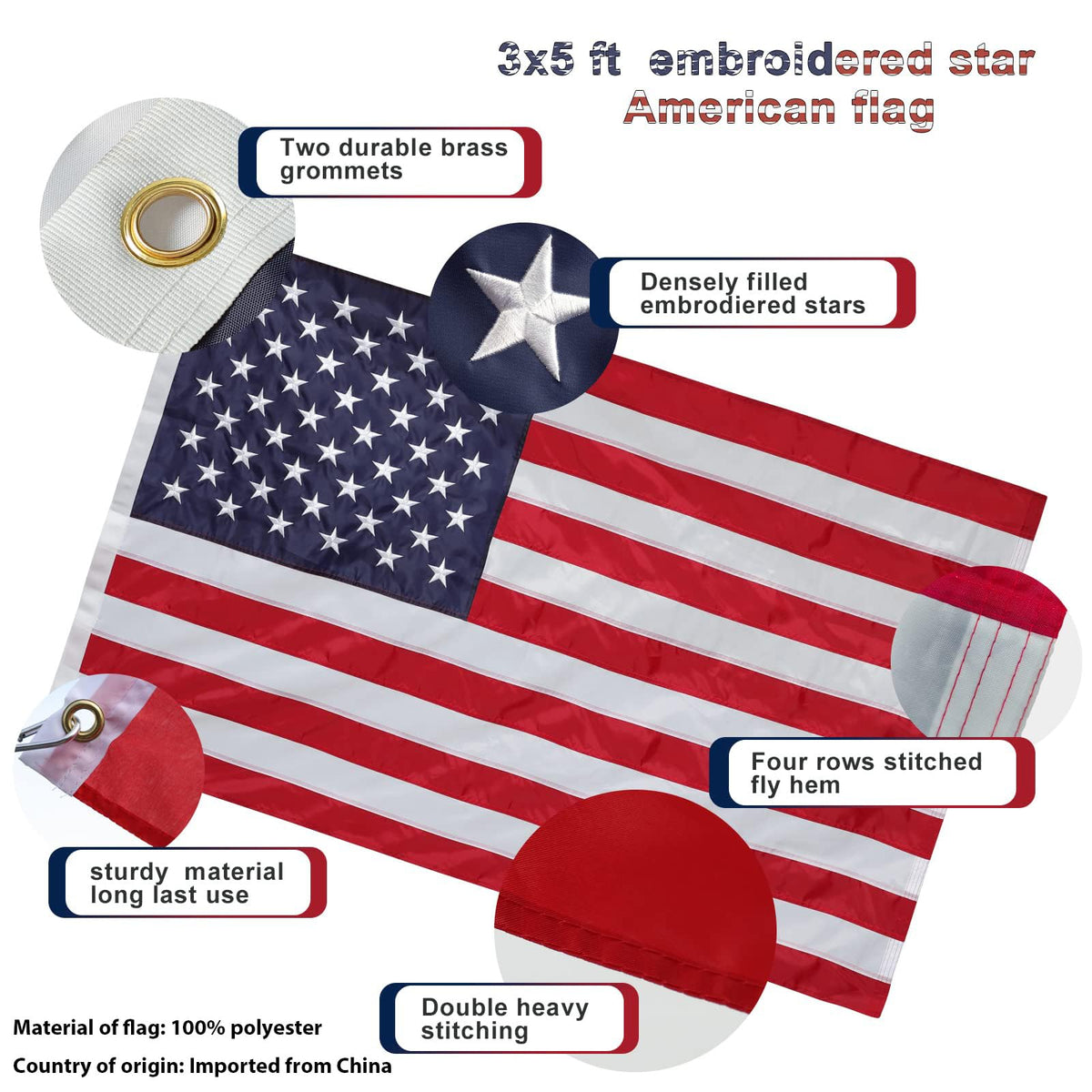 5ft Heavy Duty Tangle Free Flag Pole Kit with 3x5 Embroidered American Flag U805359