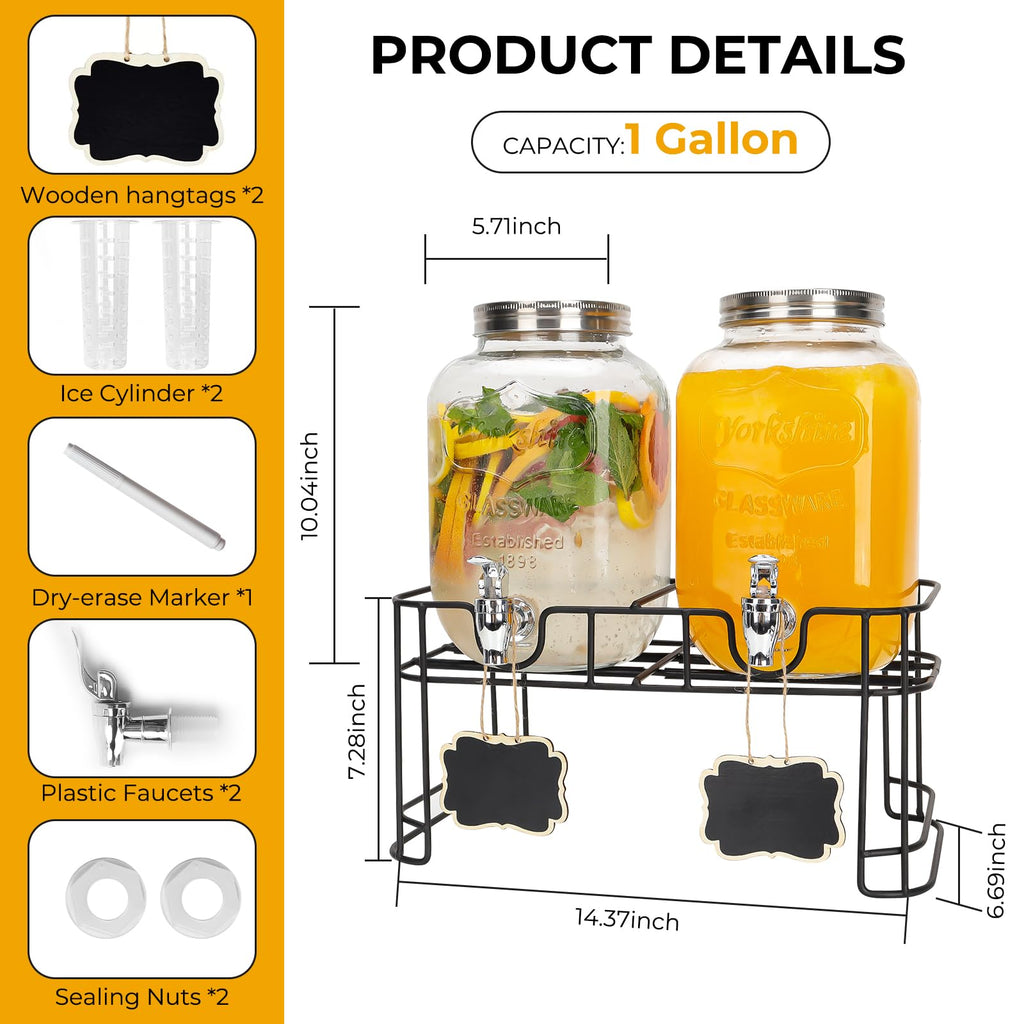 2 Pack 1 Gallon Glass Drink Dispensers with Stand L5921
