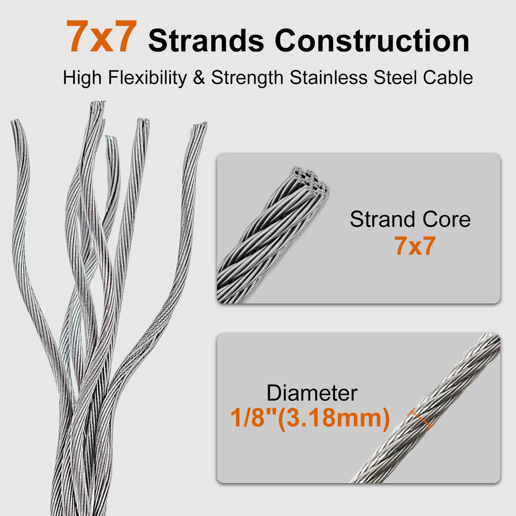 1/8 Stainless Steel Cable 200ft T316 Wire Rope with 8" Cutter Z782