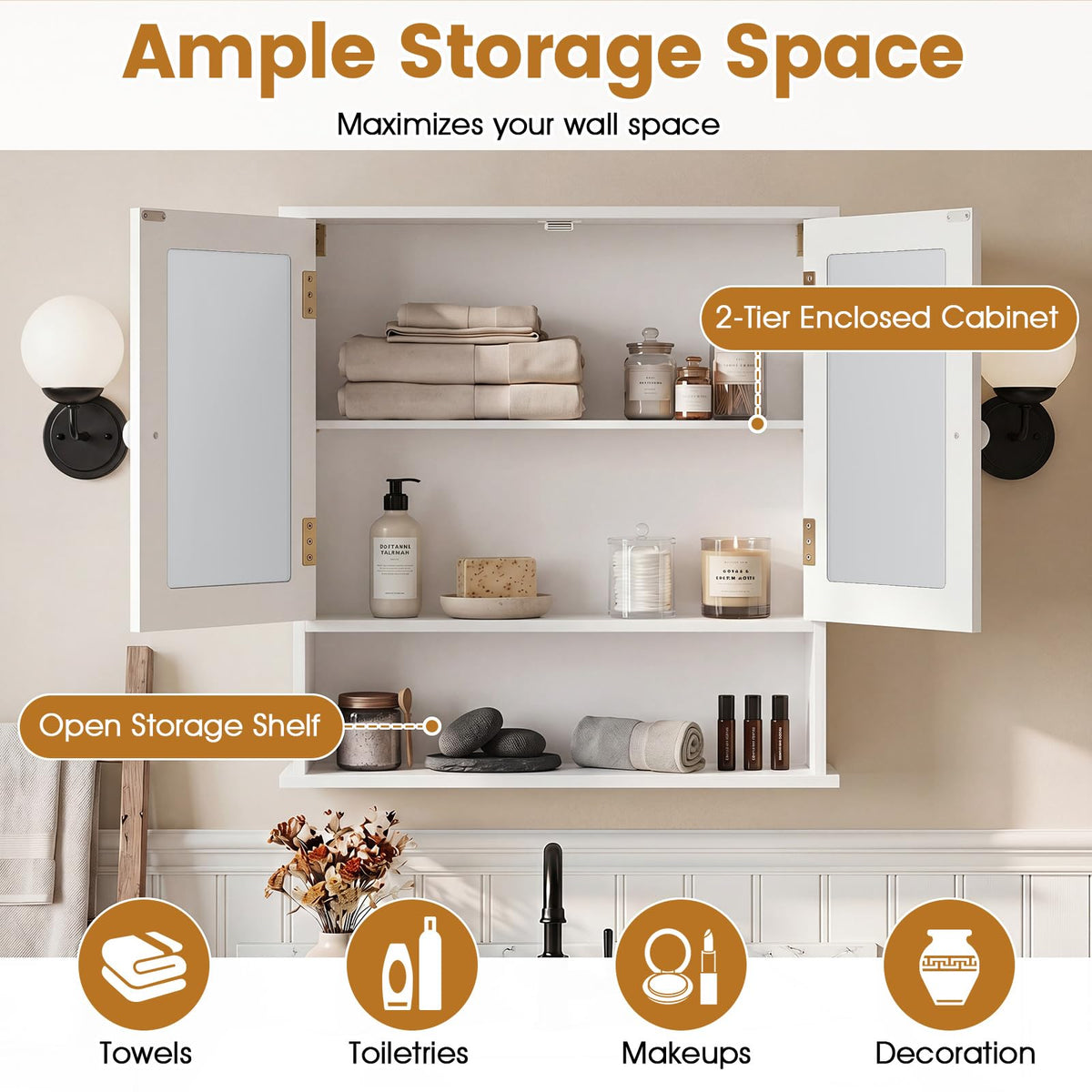 Wall Mounted Mirror Medicine Cabinet with Doors and Shelves F5744