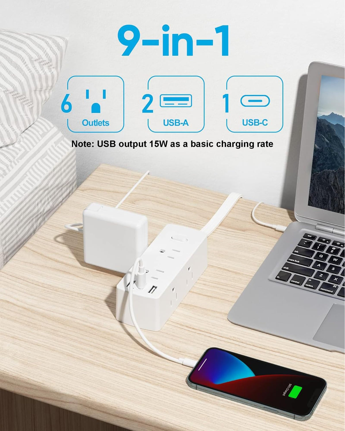 Flat Plug Power Strip with 5 FT Extension Cord, 6 Outlets 3 USB Ports, White H9883