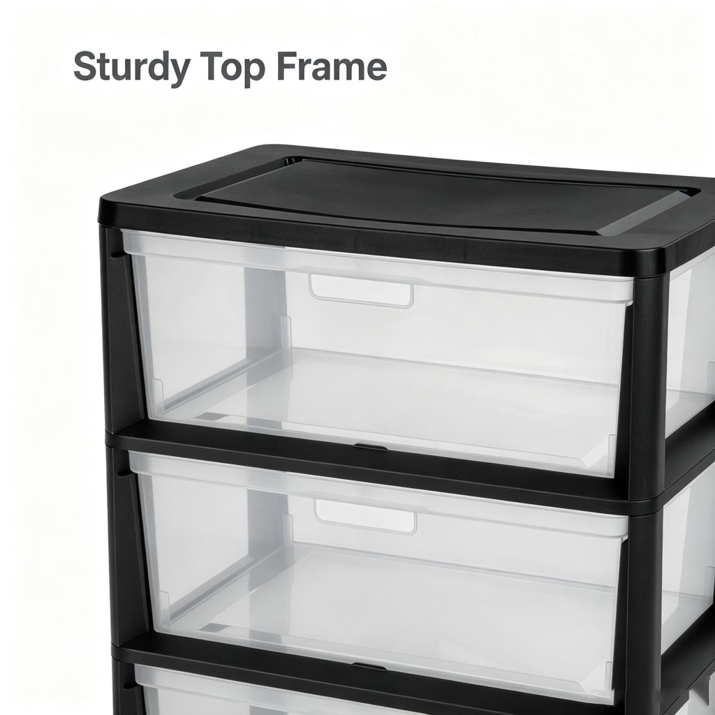 Wide Plastic 3-Drawer Storage Tower with Removable Clear Drawers B495