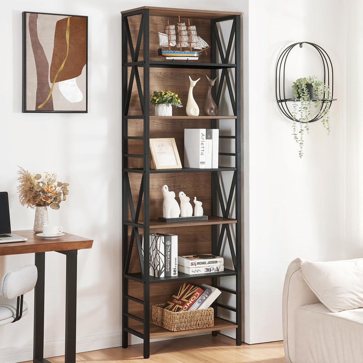 7-Tier Rustic Wood Metal Bookshelf P656