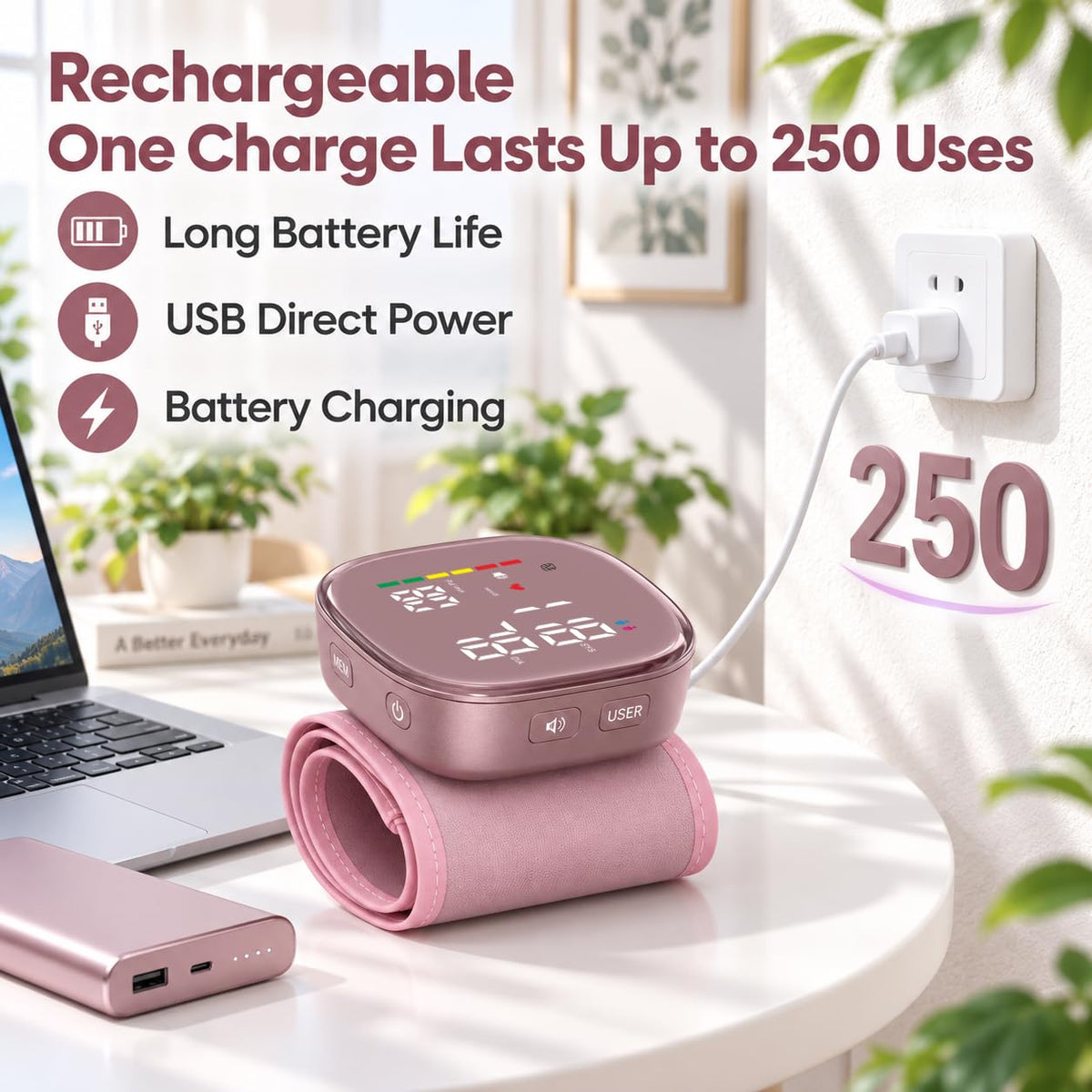 Pink Rechargeable Wrist Blood Pressure Monitor H963369