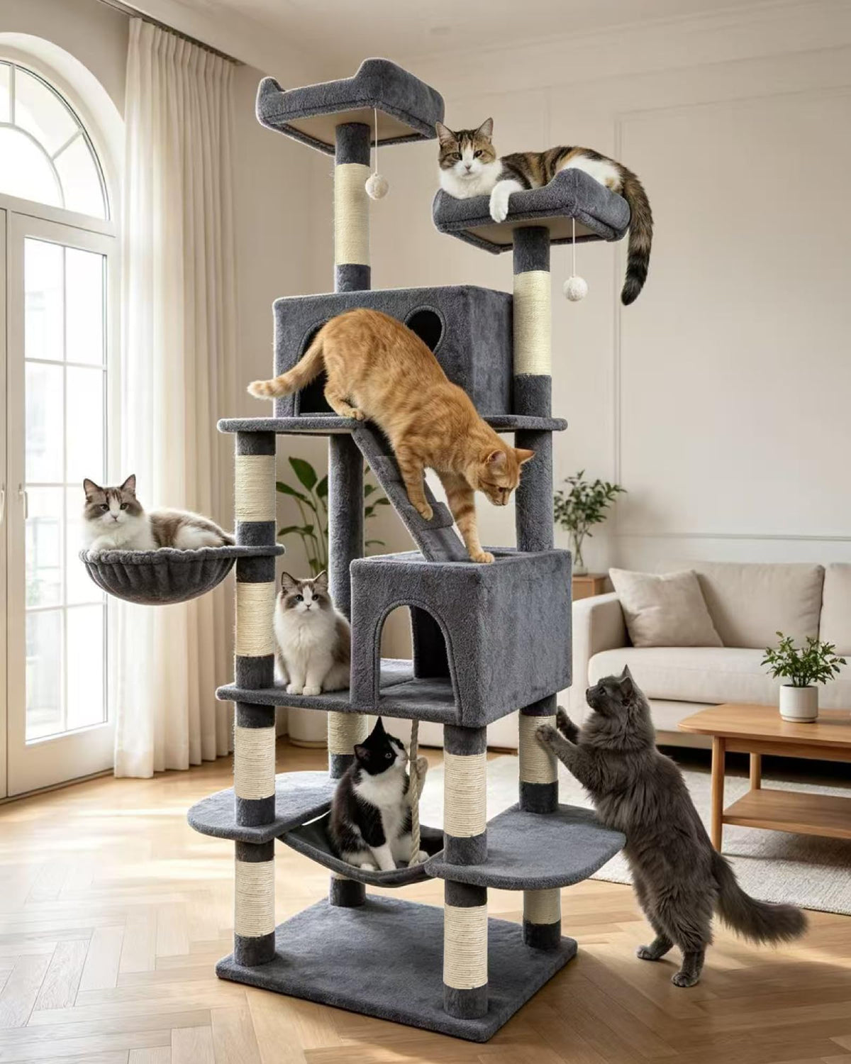 70" Cat Tree with 2 Condos and Wide Perches, Gray I3051