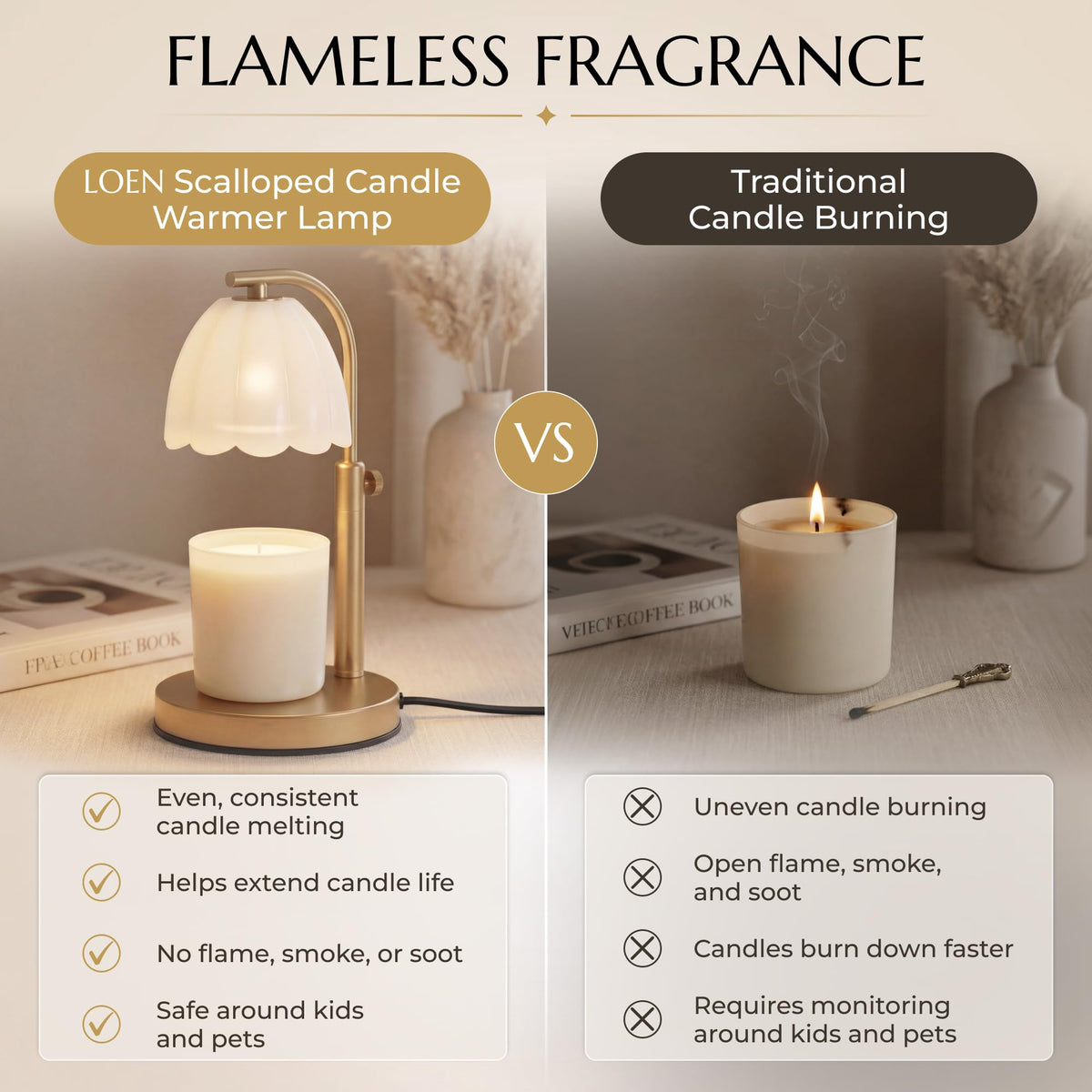 Scalloped Glass Candle Warmer Lamp with Timer, Dimmable, Adjustable Height, Gold Metal, Green T9339