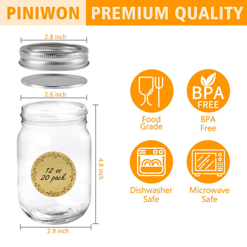 12 oz Mason Jars with Lids and Bands, 20 Pack T3152