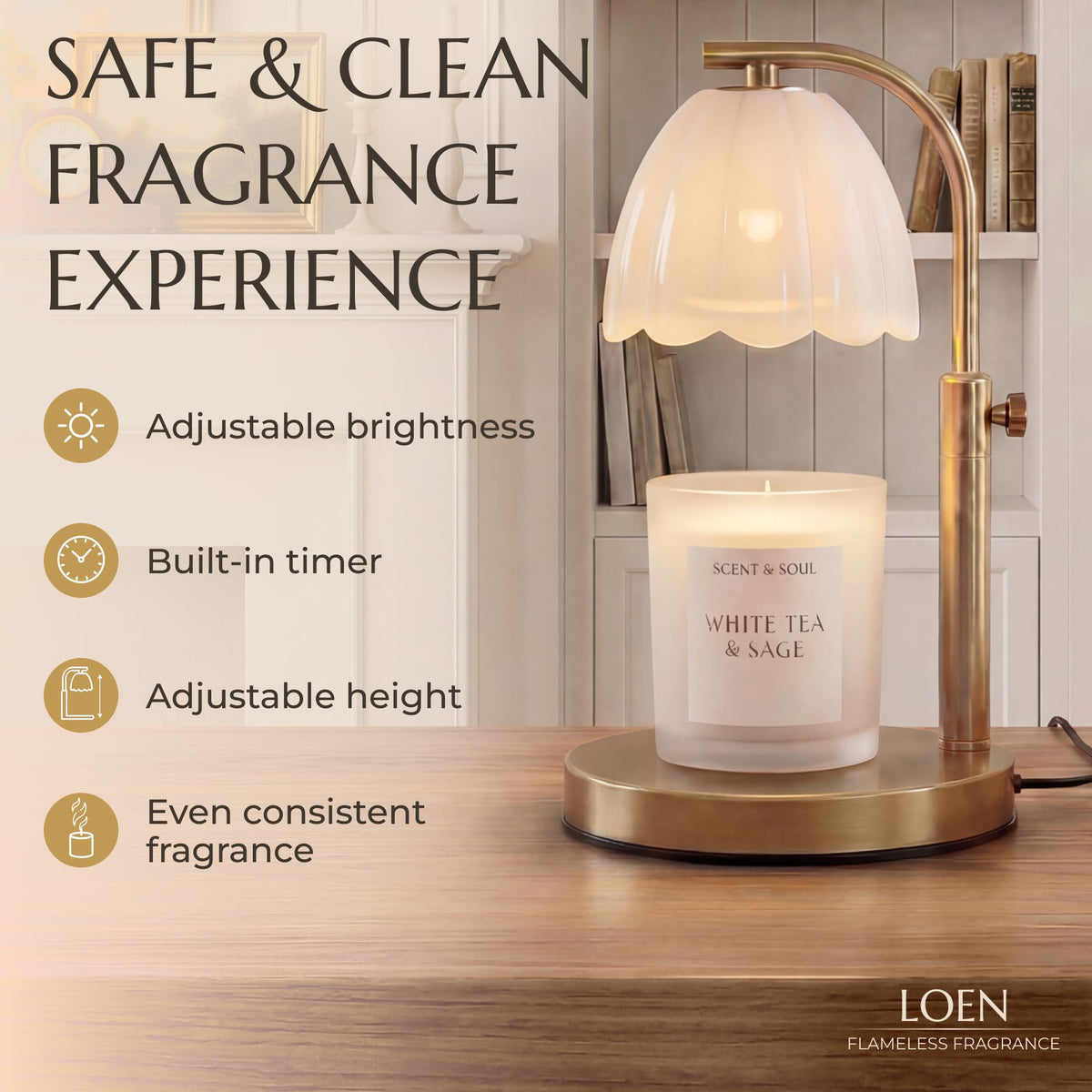 Scalloped Glass Candle Warmer Lamp with Timer, Dimmable, Adjustable Height, Gold Metal, Green T9339