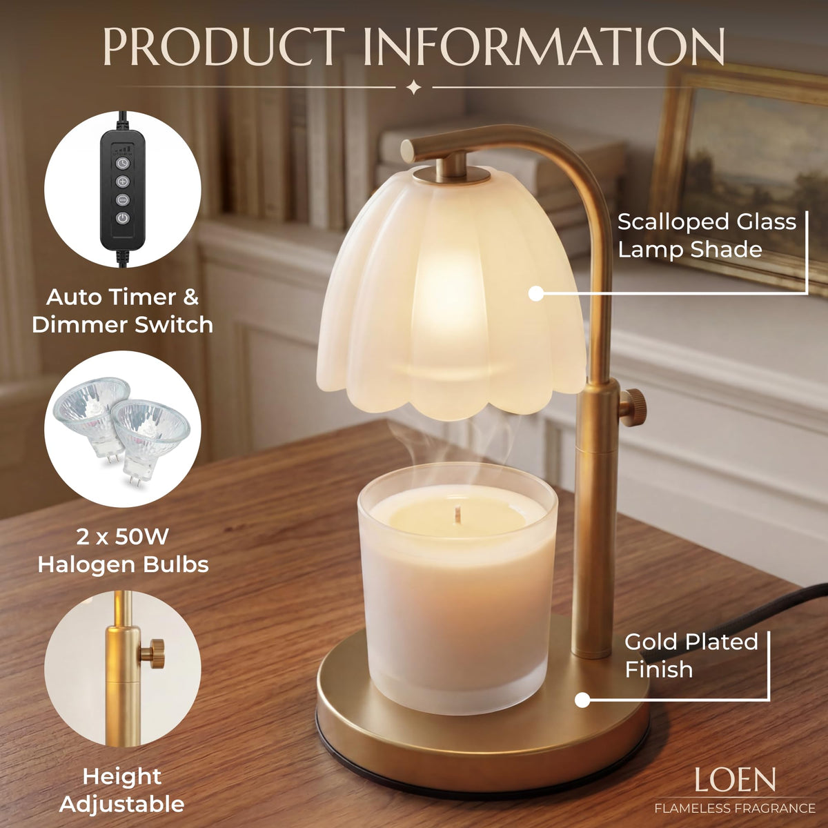 Scalloped Glass Candle Warmer Lamp with Timer, Dimmable, Adjustable Height, Gold Metal, Green T9339