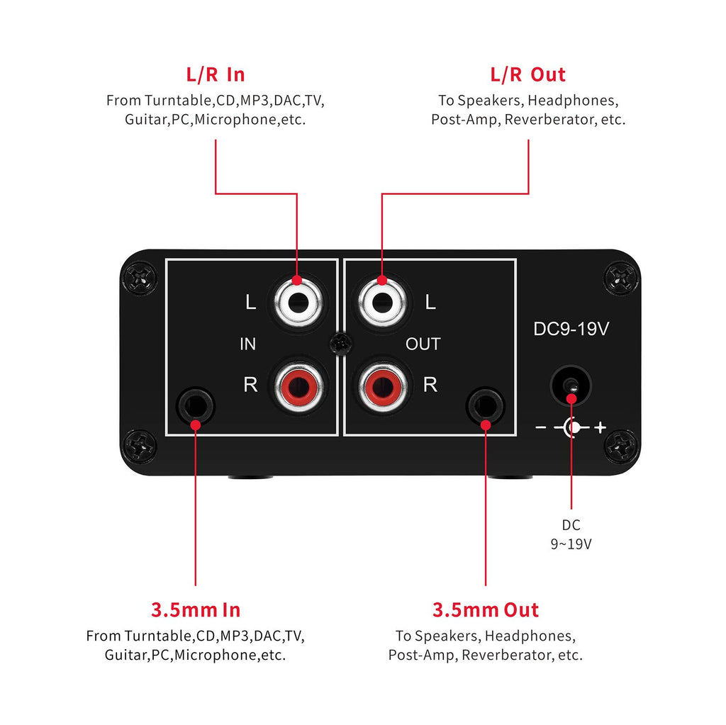 Stereo Audio Preamplifier, Headphone Amplifier, Phono Turntable Preamp with RCA 3.5mm Input Output F335