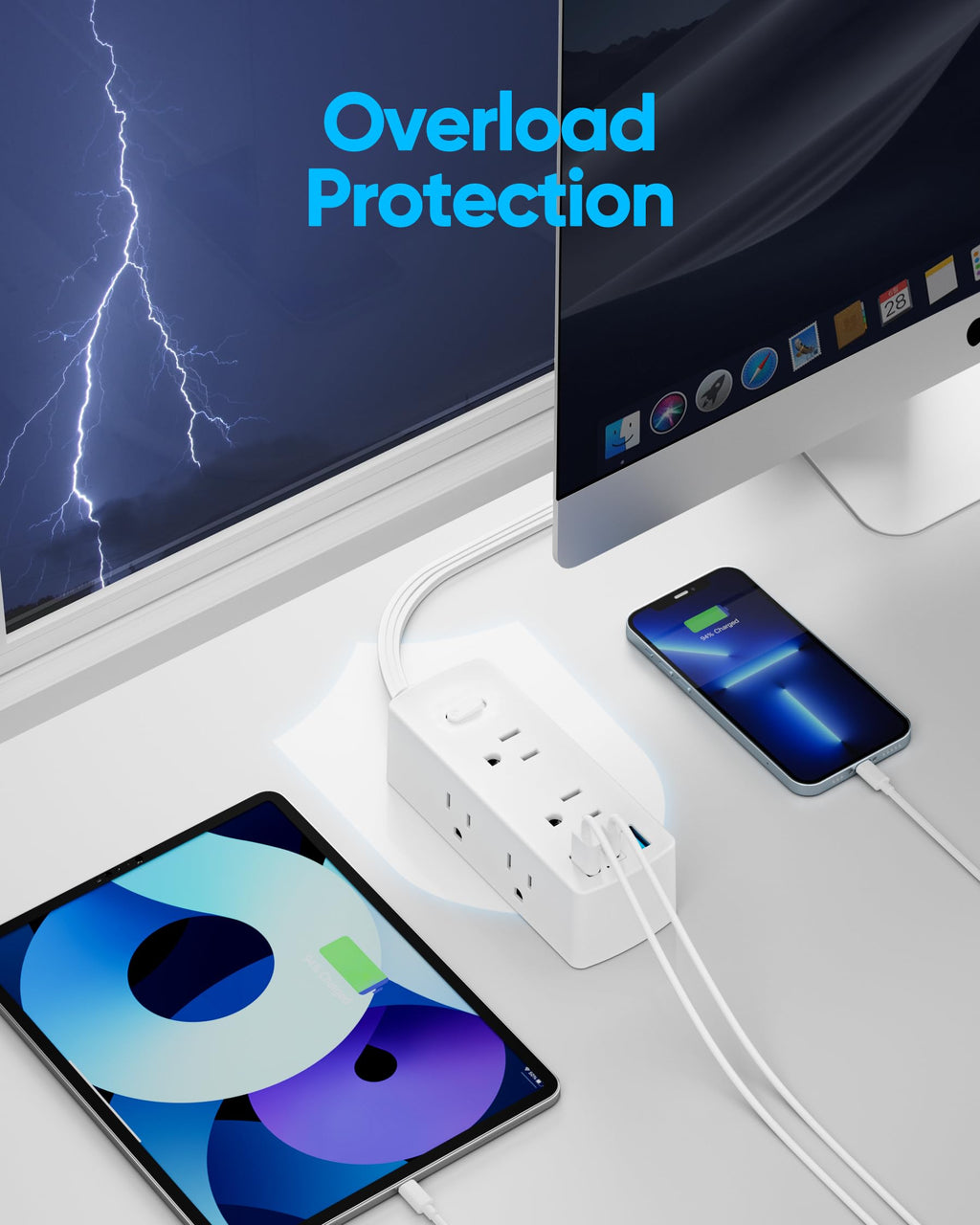 Flat Plug Power Strip with 5 FT Extension Cord, 6 Outlets 3 USB Ports, White H9883