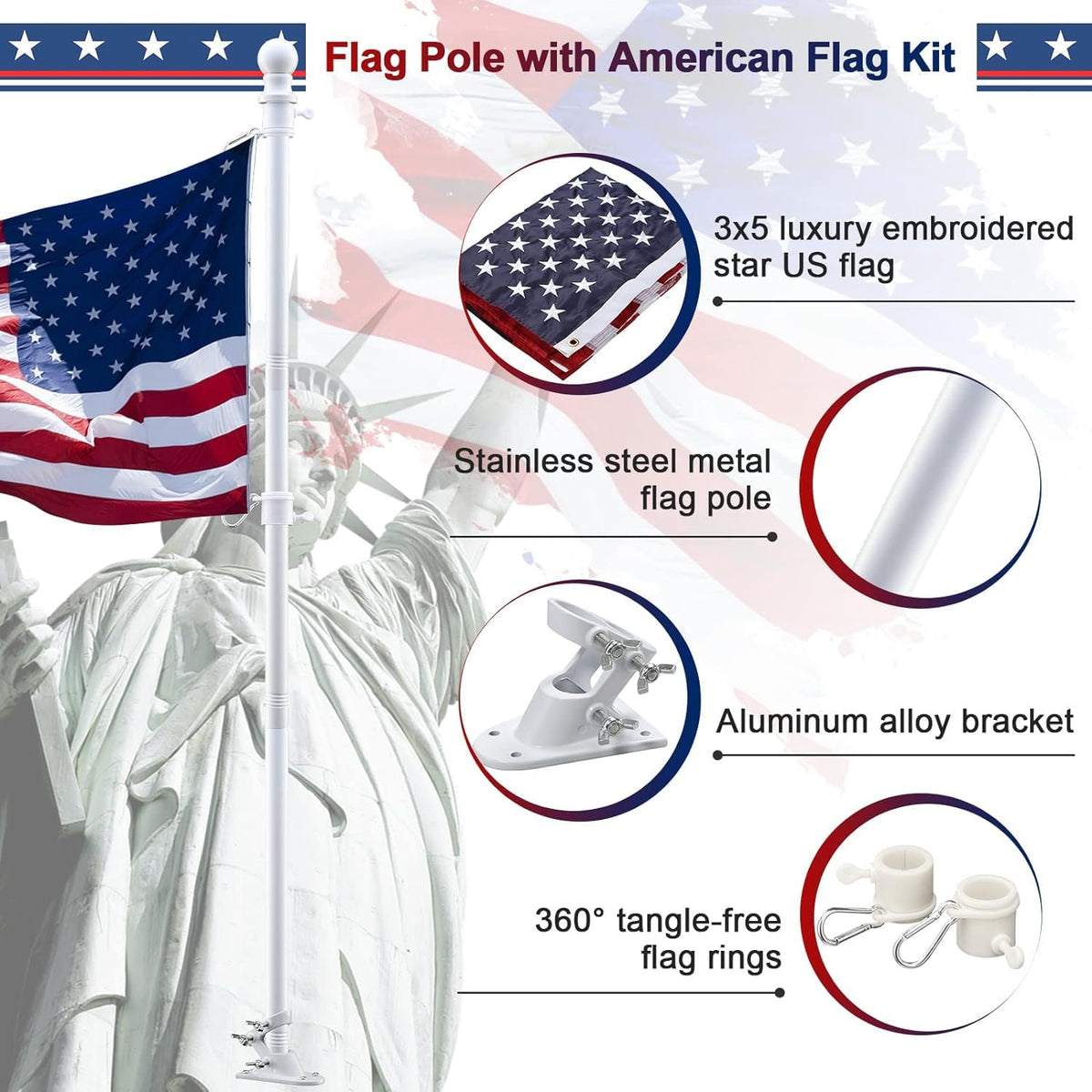 5ft Heavy Duty Tangle Free Flag Pole Kit with 3x5 Embroidered American Flag U805359