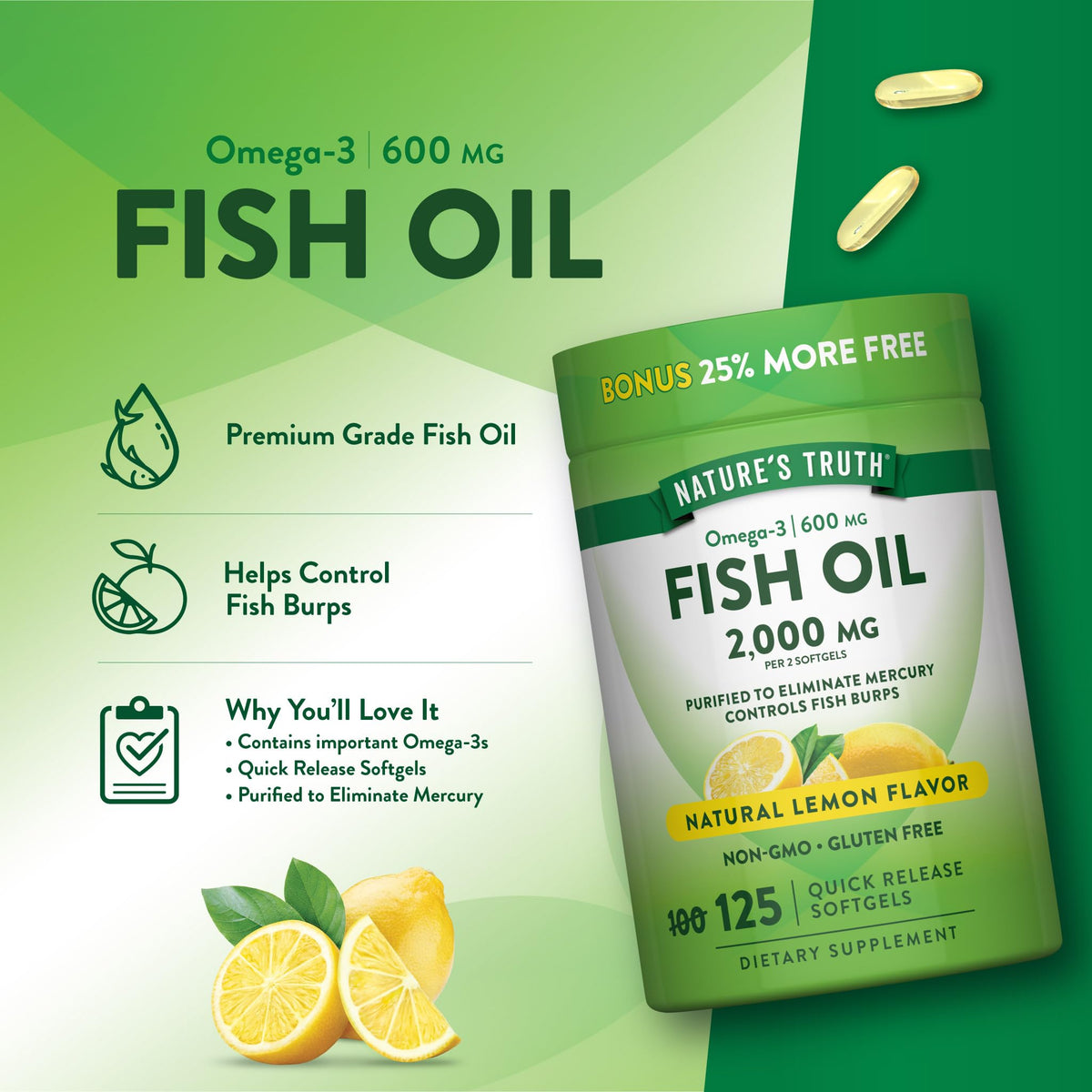 Omega 3 Fish Oil 2000 mg 125 Softgels J933344