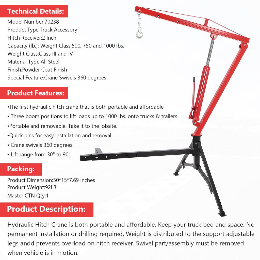 1000 Lbs Hydraulic Hitch Mounted Truck Crane G1568