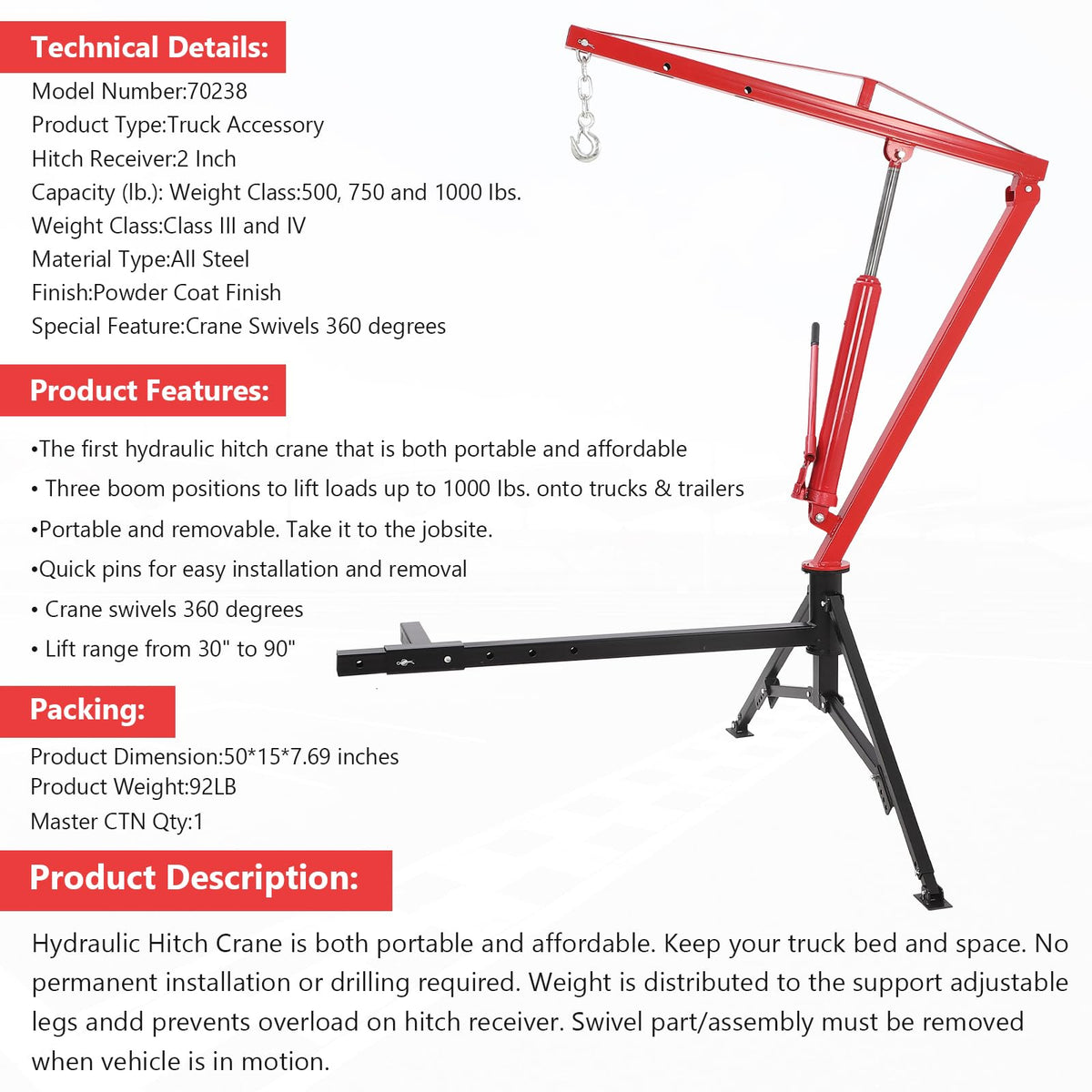 1000 Lbs Hydraulic Hitch Mounted Truck Crane G1568