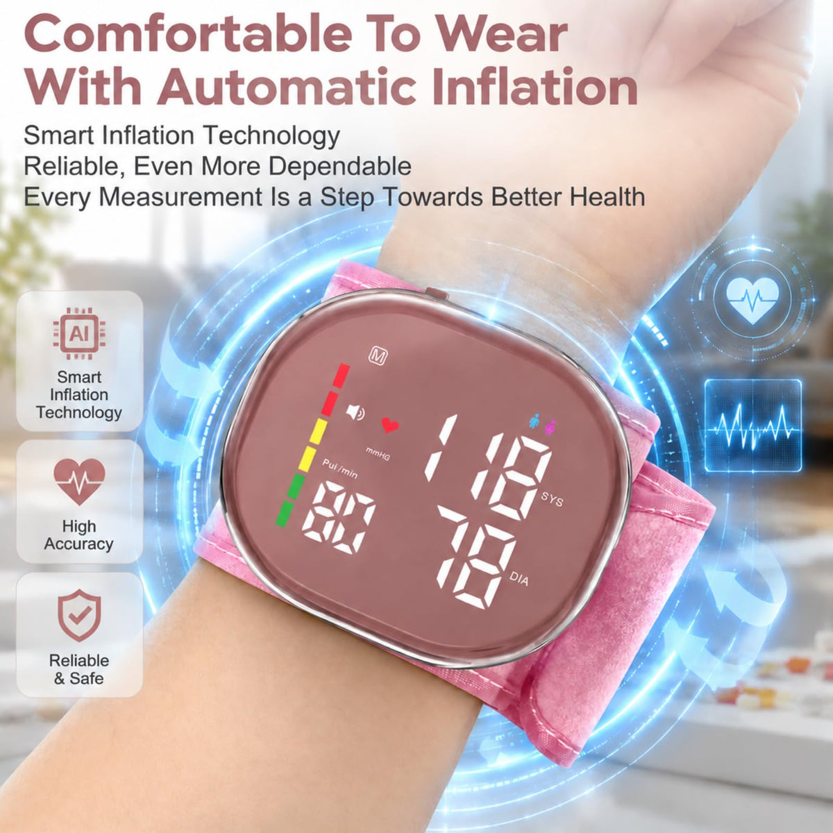 Pink Rechargeable Wrist Blood Pressure Monitor H963369