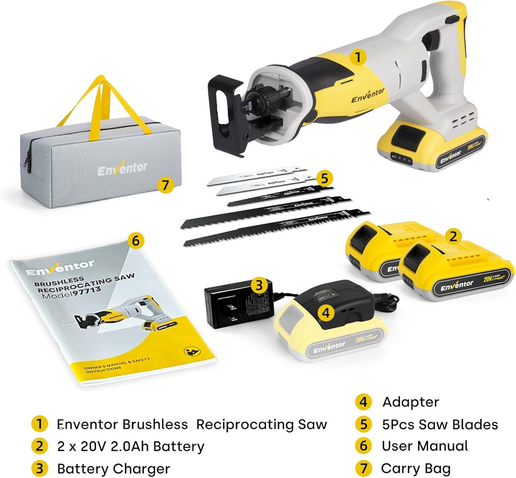 Reciprocating Saw with Brushless Motor, 20V, 2 x 2.0 Ah Batteries X86284