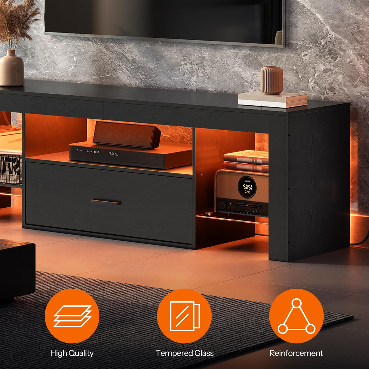 Black Glass Shelf TV Stand with Outlets and Drawer Z281