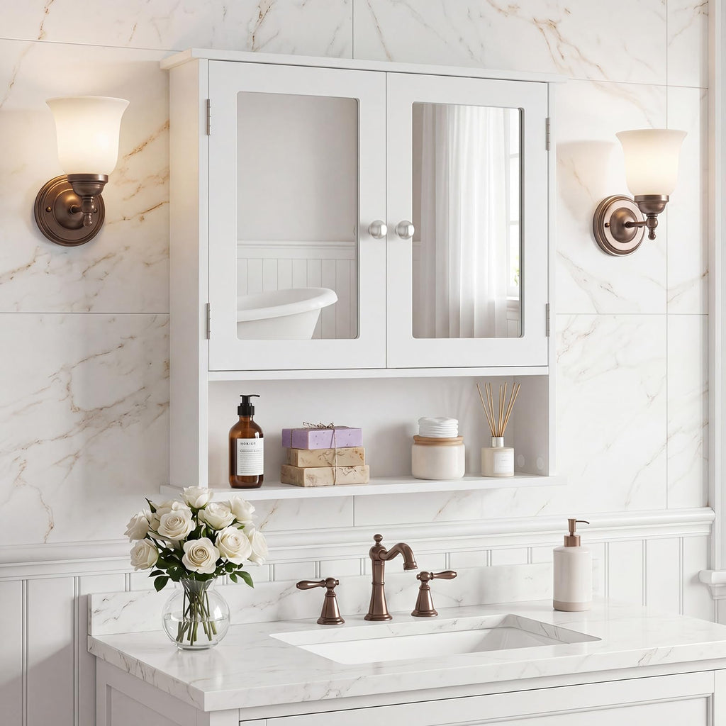 Wall Mounted Mirror Medicine Cabinet with Doors and Shelves F5744