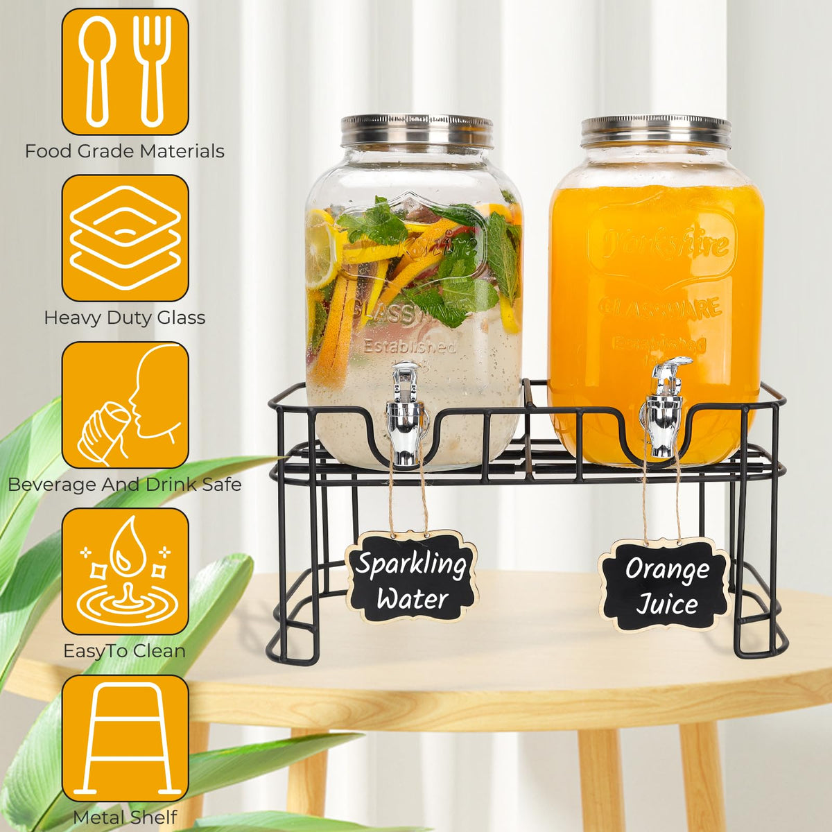 2 Pack 1 Gallon Glass Drink Dispensers with Stand L5921