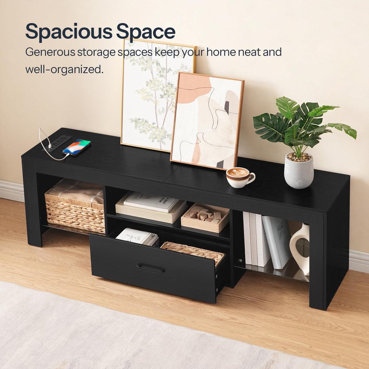 Black Glass Shelf TV Stand with Outlets and Drawer Z281