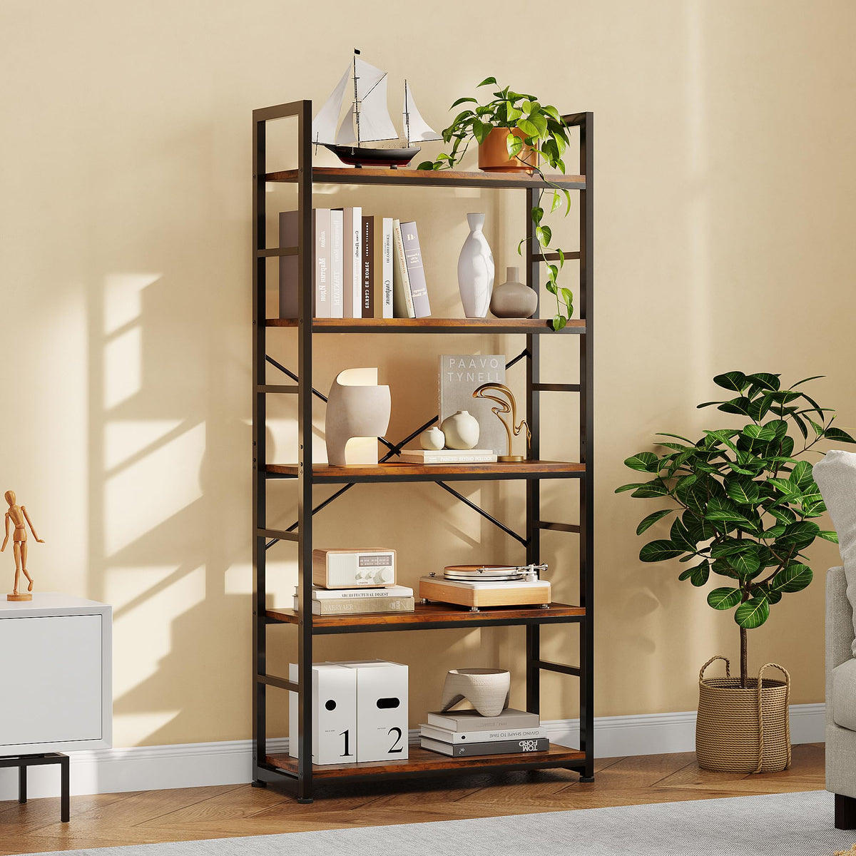 32 Inch 5-Tier Wood Metal Bookshelf B323